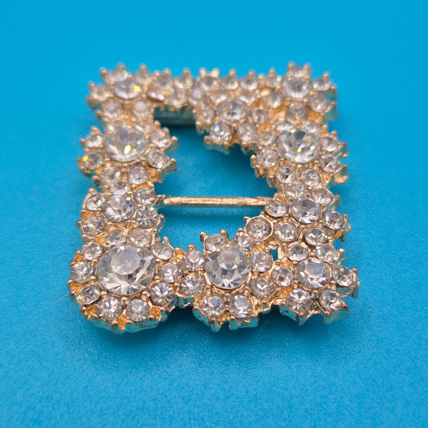 Vintage Strass-Gürtelschnalle quadratisch goldfarben mit Kristallbesatz