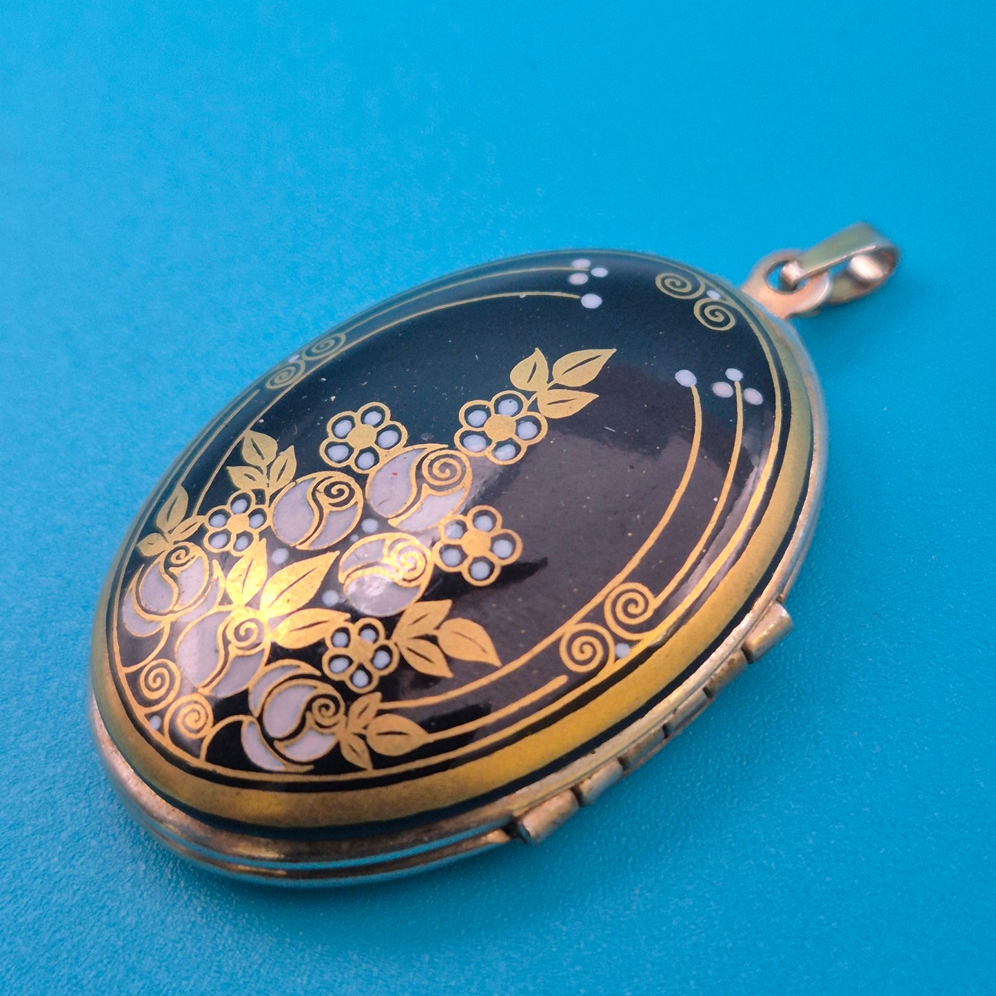 Vintage Medaillon Anhänger schwarz-gold Art Déco Design floral