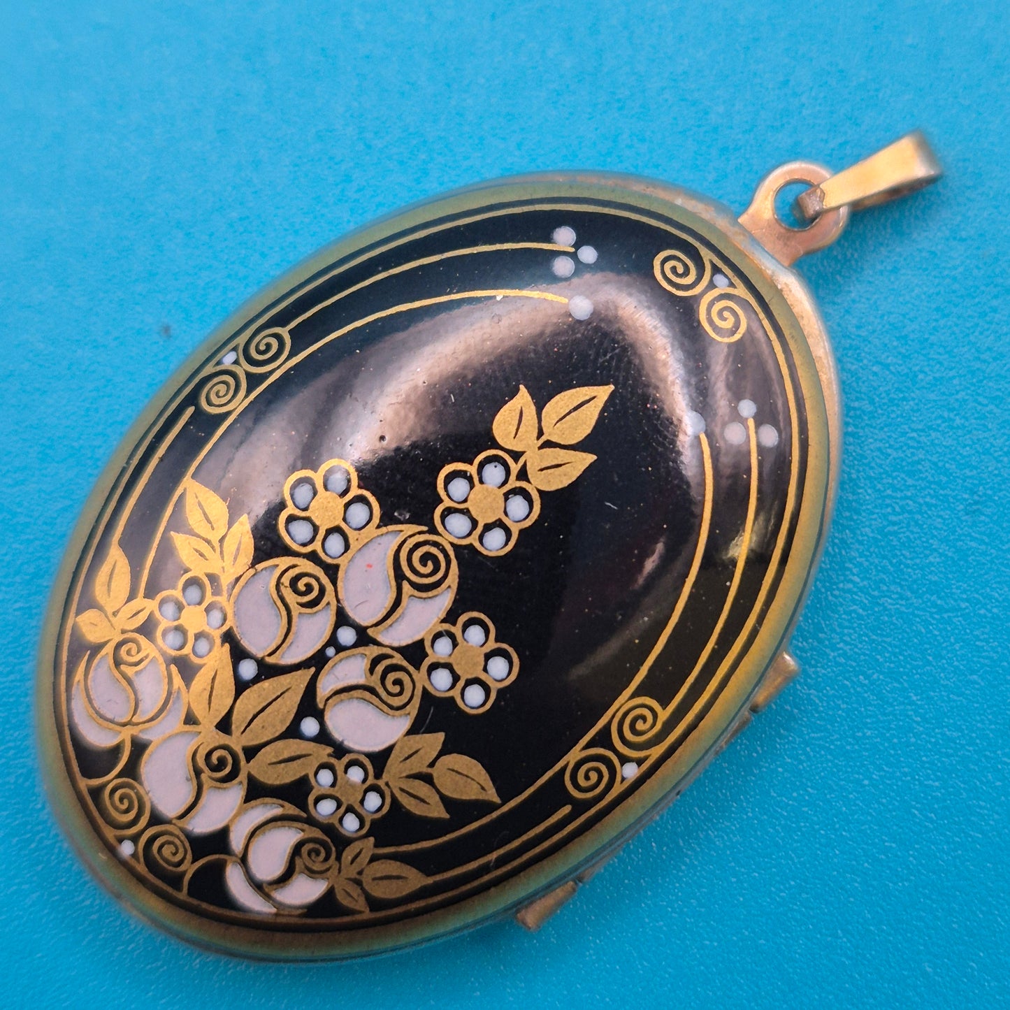 Vintage Medaillon Anhänger schwarz-gold Art Déco Design floral
