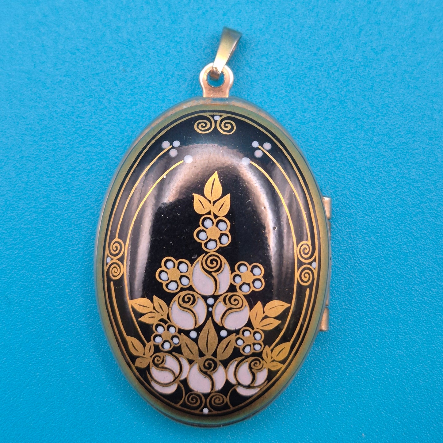 Vintage Medaillon Anhänger schwarz-gold Art Déco Design floral