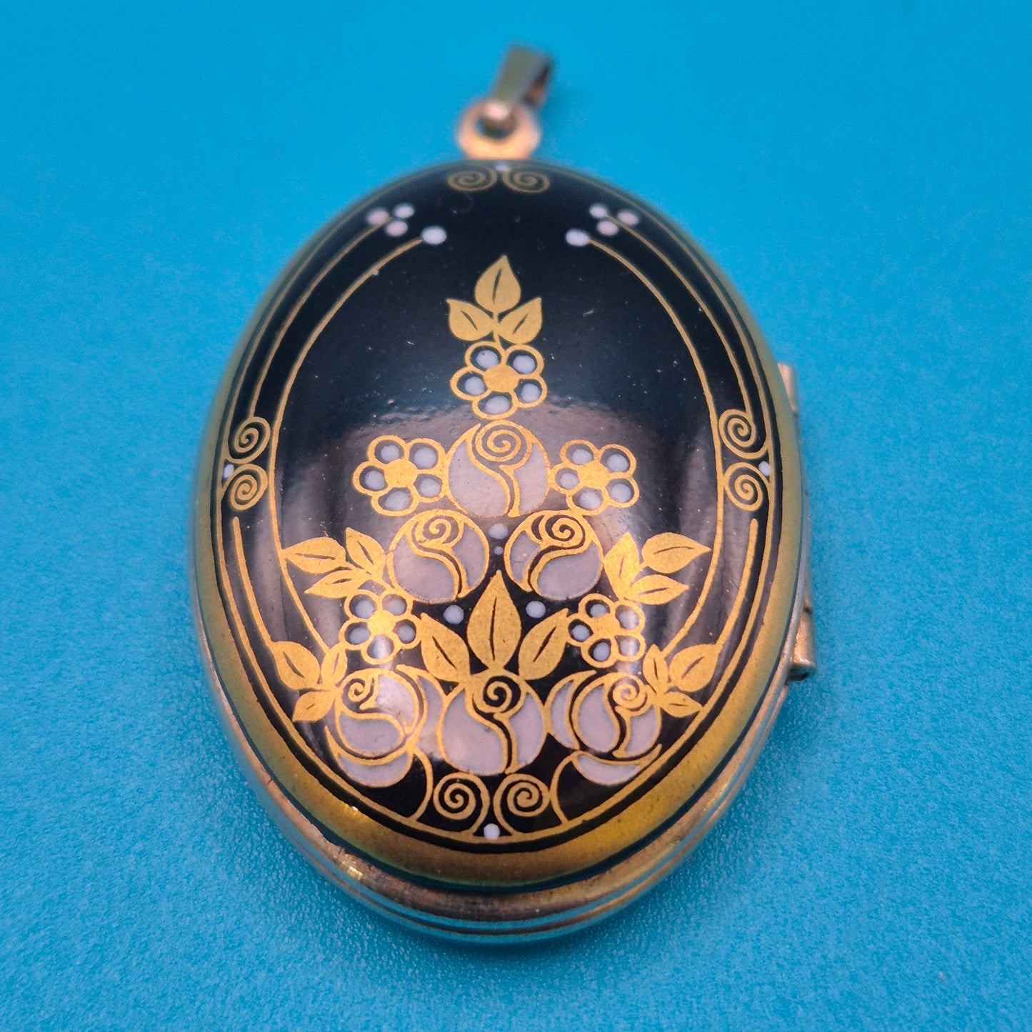 Vintage Medaillon Anhänger schwarz-gold Art Déco Design floral