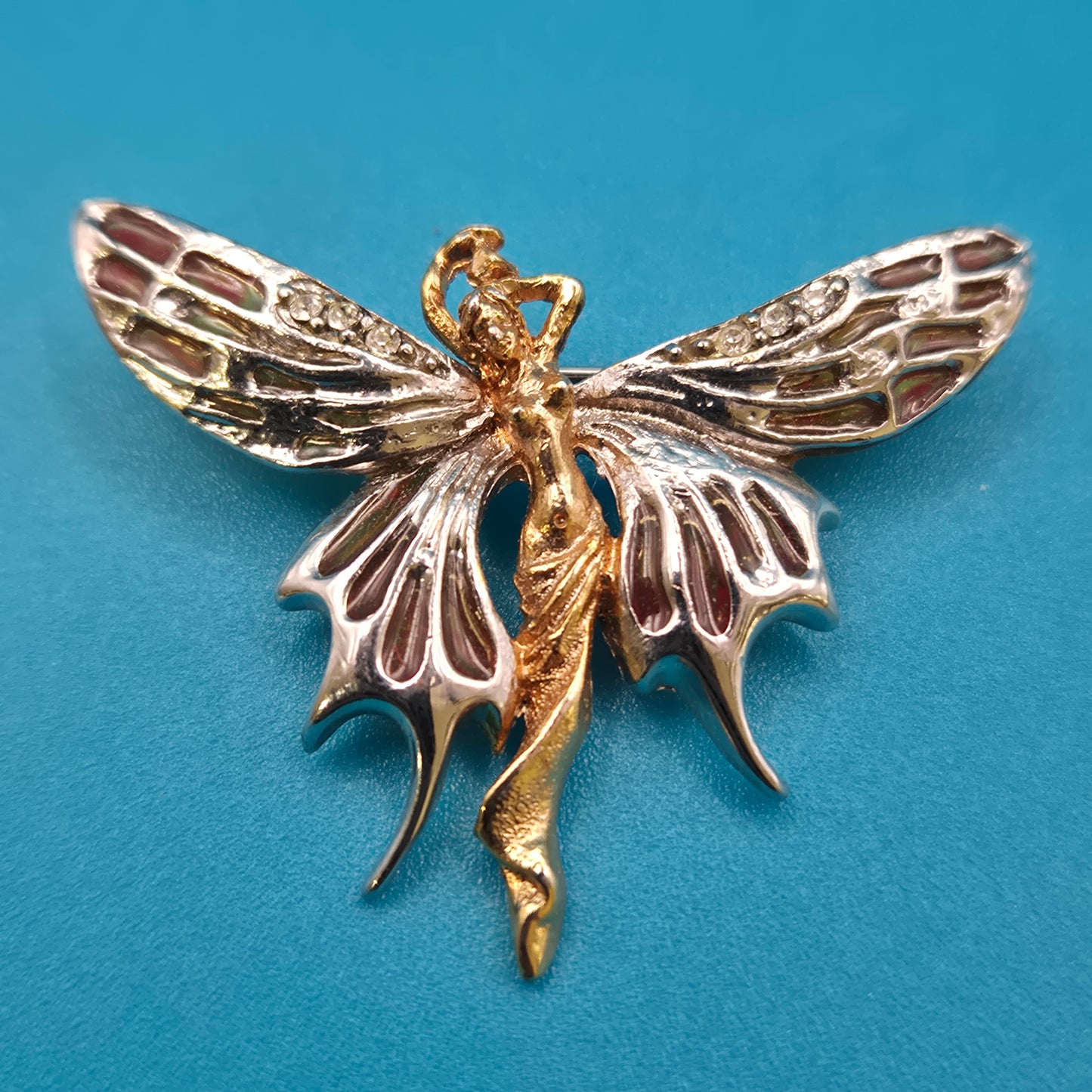 Vintage Fee Brosche mit Strasssteinen und goldfarbenen Akzenten