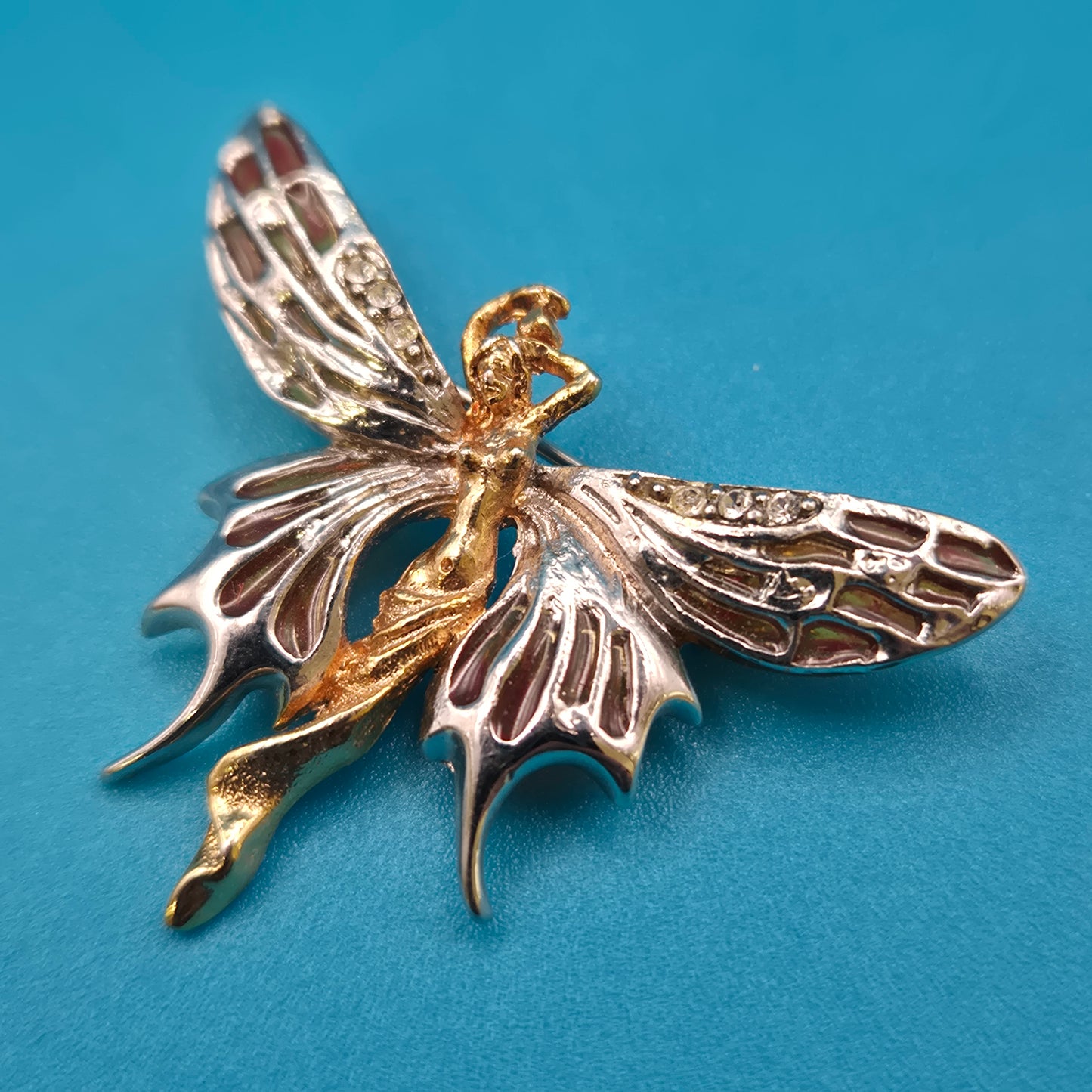Vintage Fee Brosche mit Strasssteinen und goldfarbenen Akzenten