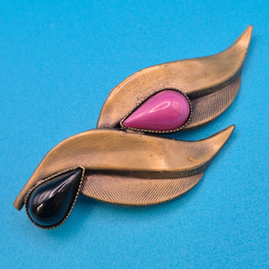 Vintage Statement-Brosche in Messing mit rosa und schwarzem Cabochon-Stein