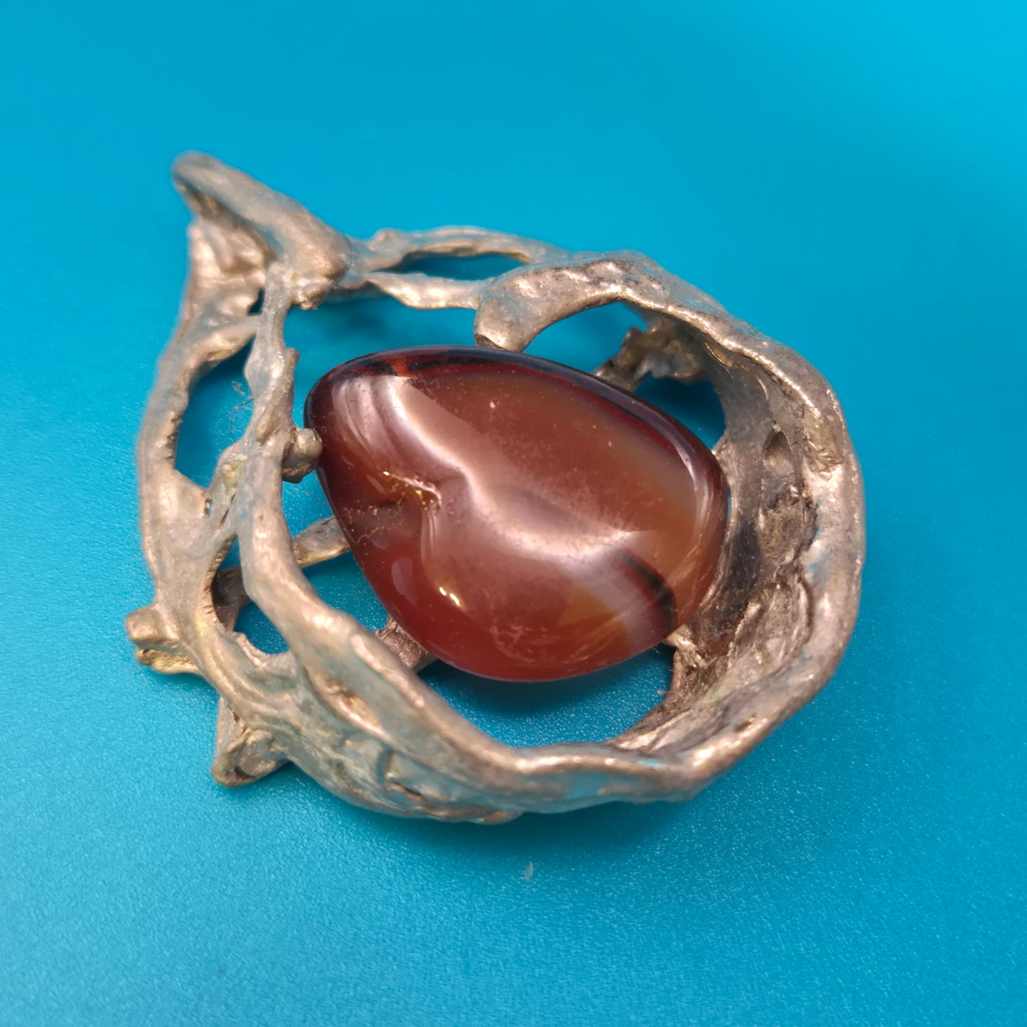 Vintage Brutalistisches Statement-Brosche mit braunem Edelstein