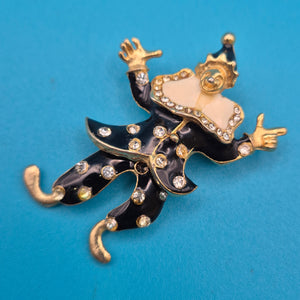 Vintage Clown-Brosche in Schwarz-Weiß mit Strass-Besatz und Gold-Finish