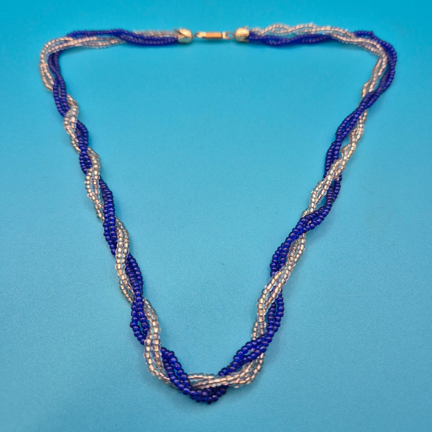 Vintage Kette gedreht Blau Weiß Glasperlen Kordel-Optik