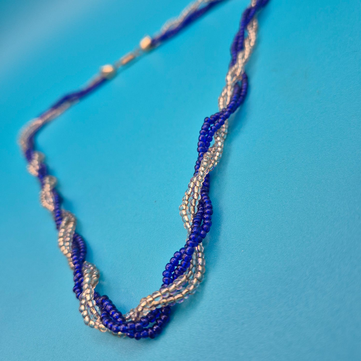 Vintage Kette gedreht Blau Weiß Glasperlen Kordel-Optik