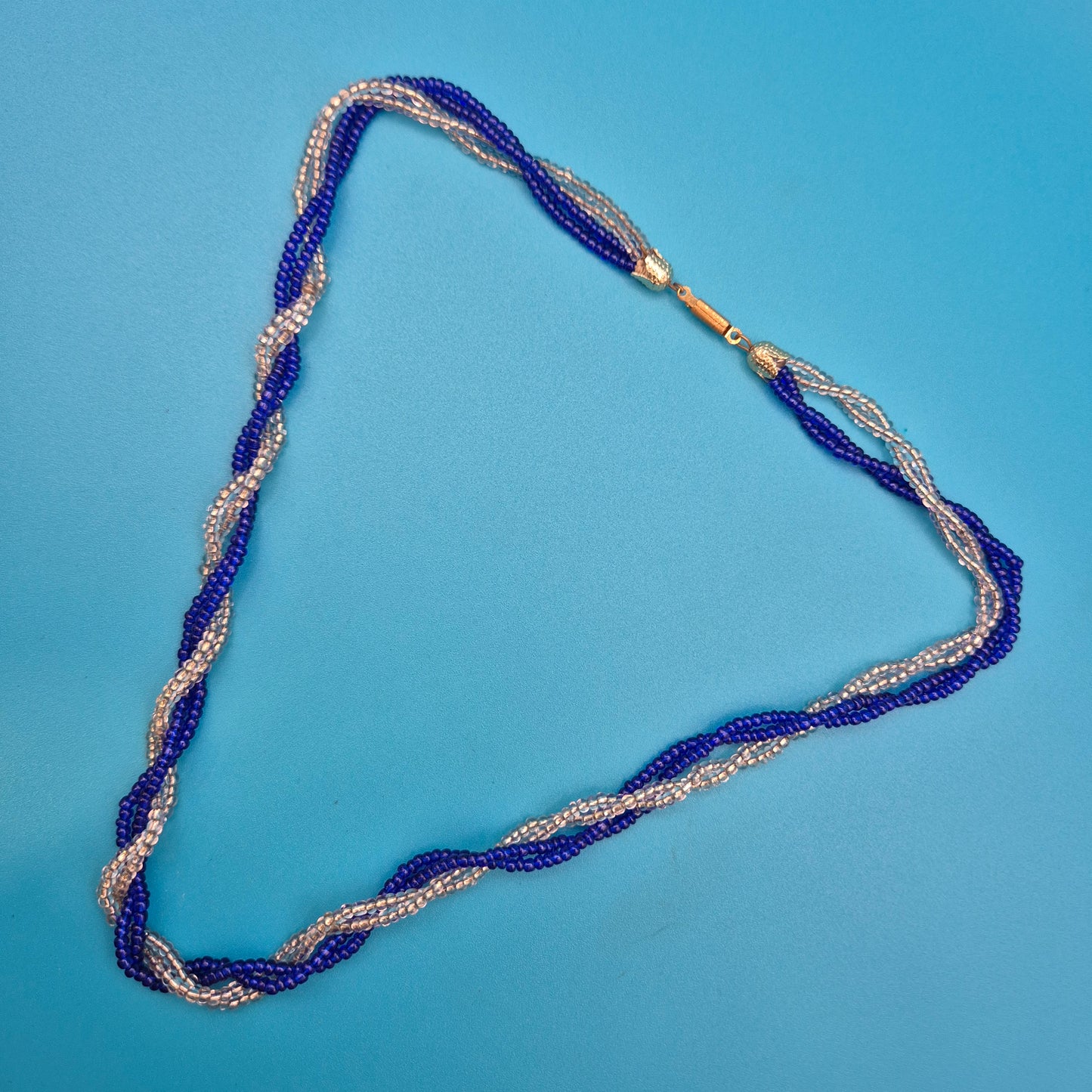 Vintage Kette gedreht Blau Weiß Glasperlen Kordel-Optik