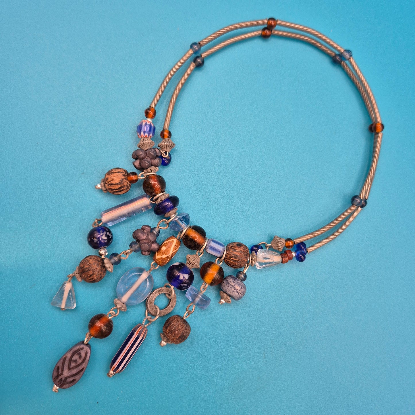 Boho-Statement-Kette mehrreihig mit Ethno-Perlen-Mix und Anhängern