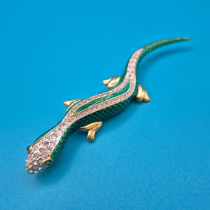 Vintage Emaille Brosche Salamander mit Strass-Verzierung Goldfarben