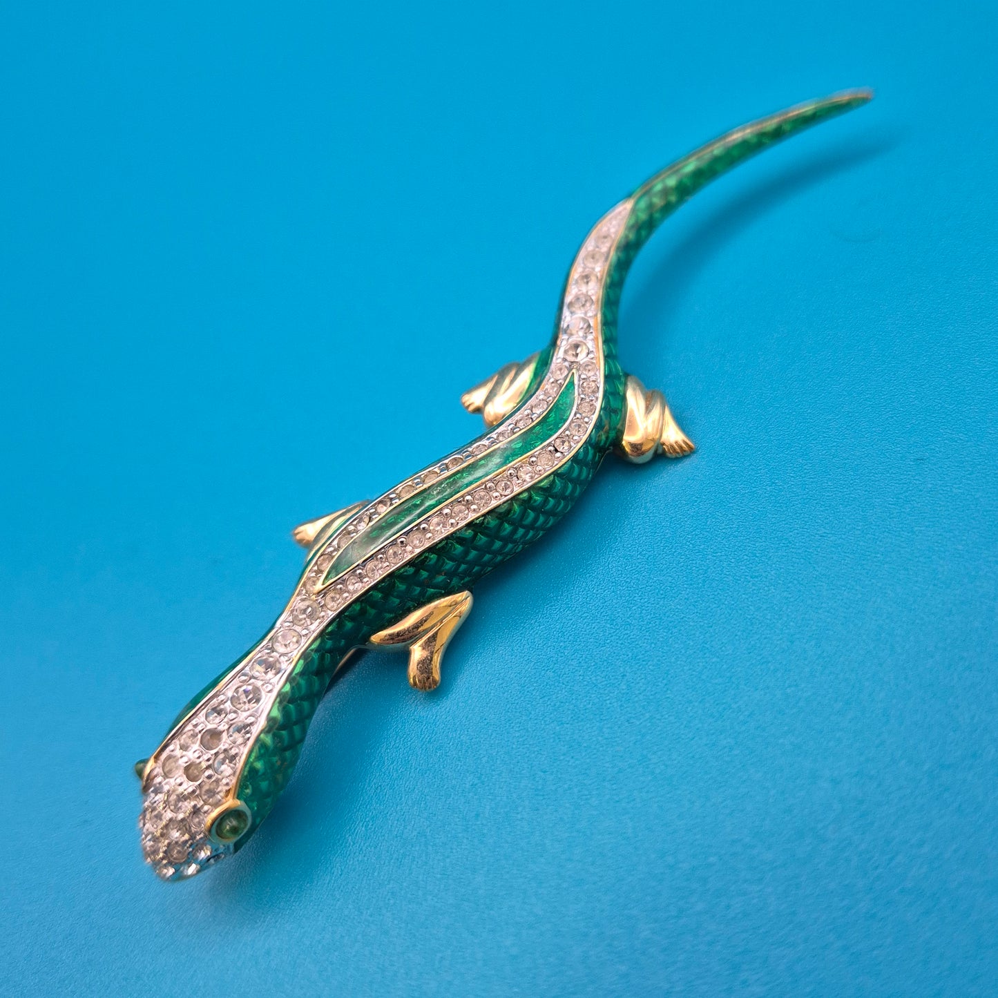 Vintage Emaille Brosche Salamander mit Strass-Verzierung Goldfarben