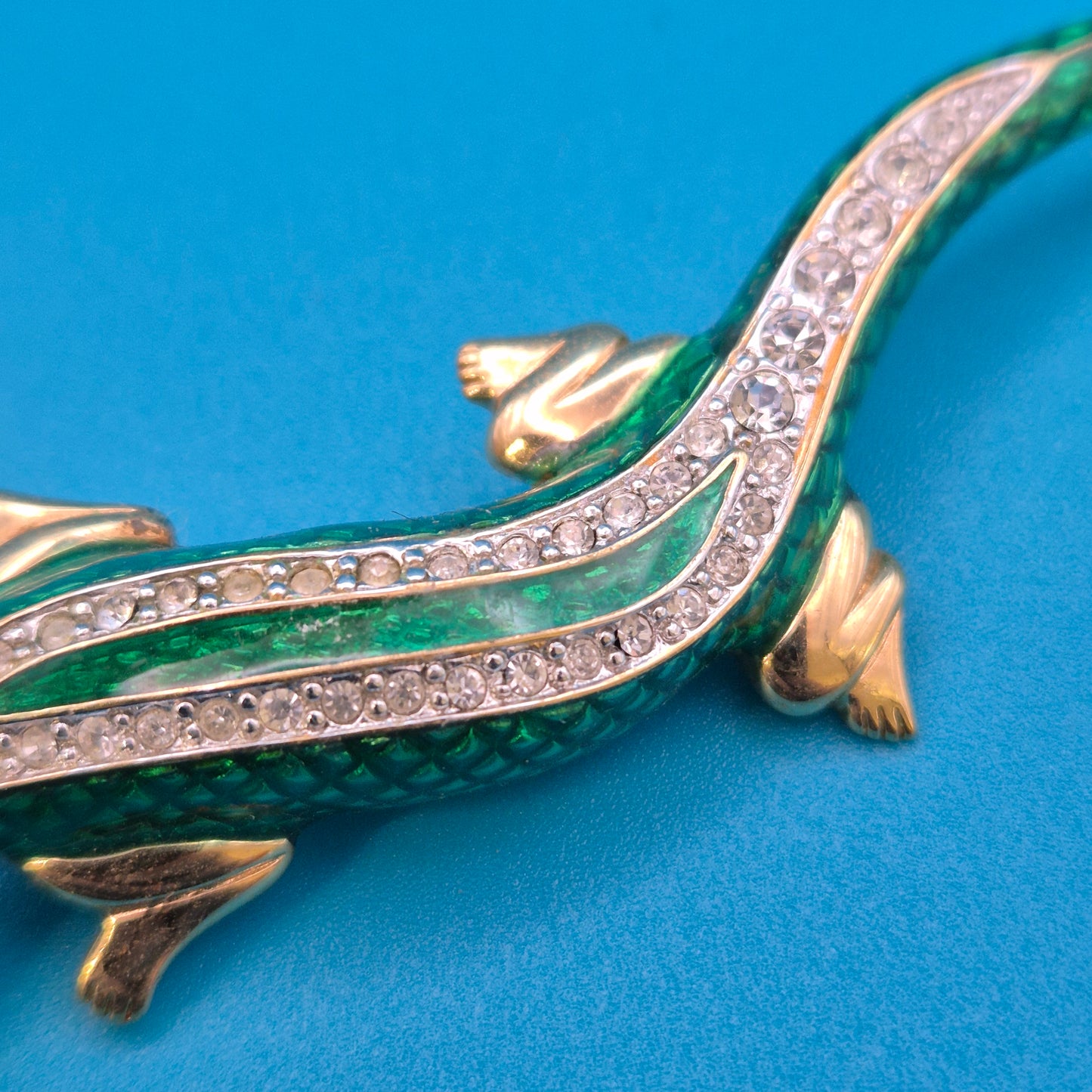 Vintage Emaille Brosche Salamander mit Strass-Verzierung Goldfarben