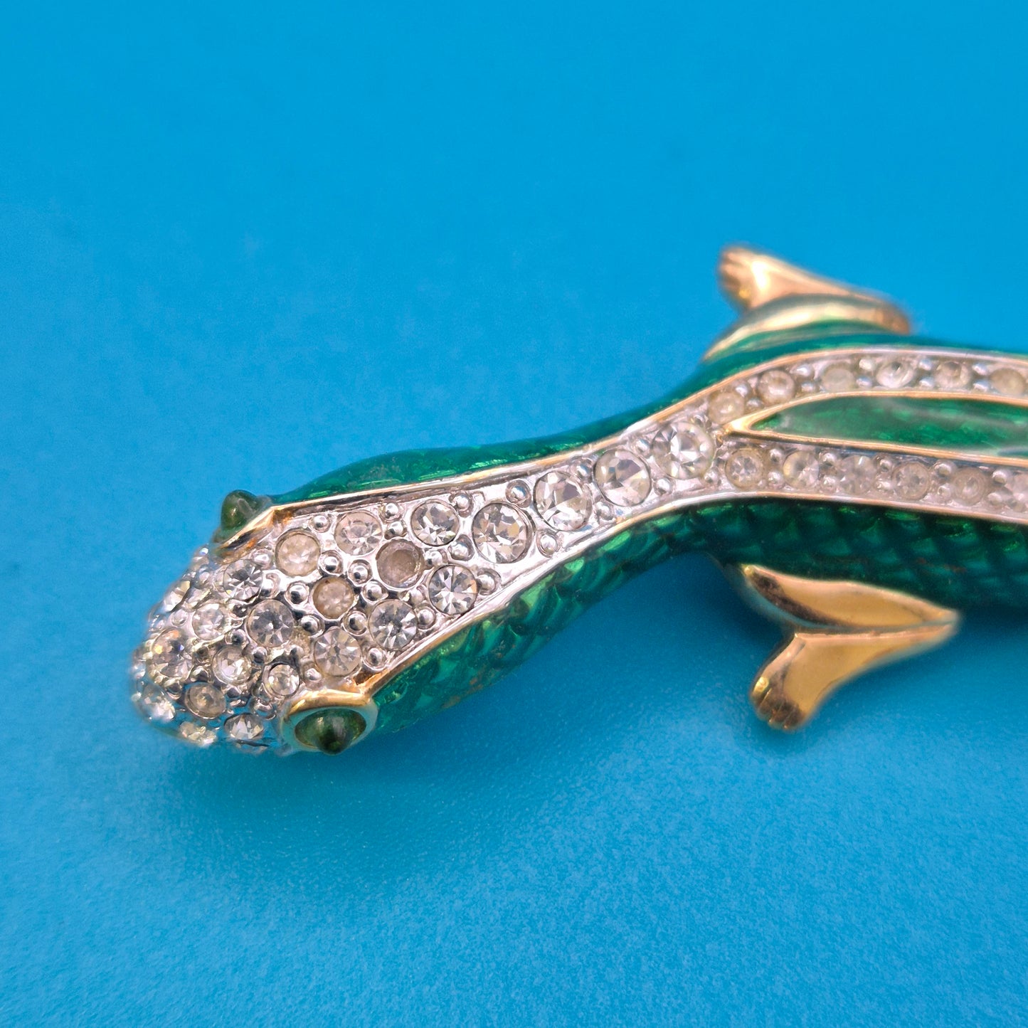 Vintage Emaille Brosche Salamander mit Strass-Verzierung Goldfarben