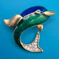 Vintage Delfin-Brosche Goldfarben mit Emaille und Strassbesatz
