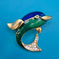 Vintage Delfin-Brosche Goldfarben mit Emaille und Strassbesatz