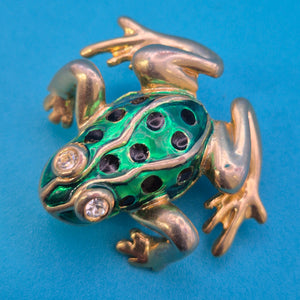 Vintage Frosch Brosche in Goldoptik mit grüner Emaille und Strasssteinen