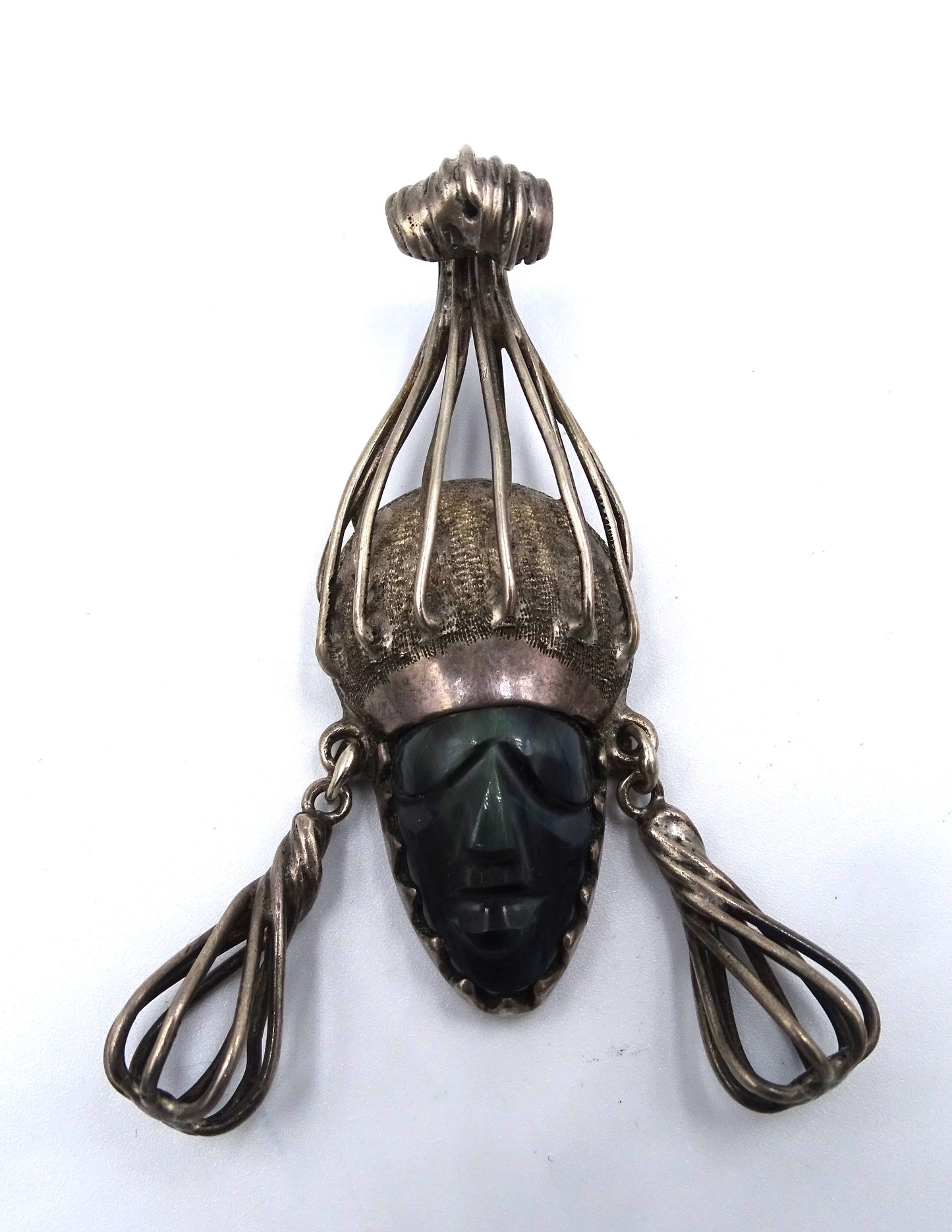 Vintage geschnitzter Obsidian Azteken Krieger Anhänger TAXCO 925 Silber