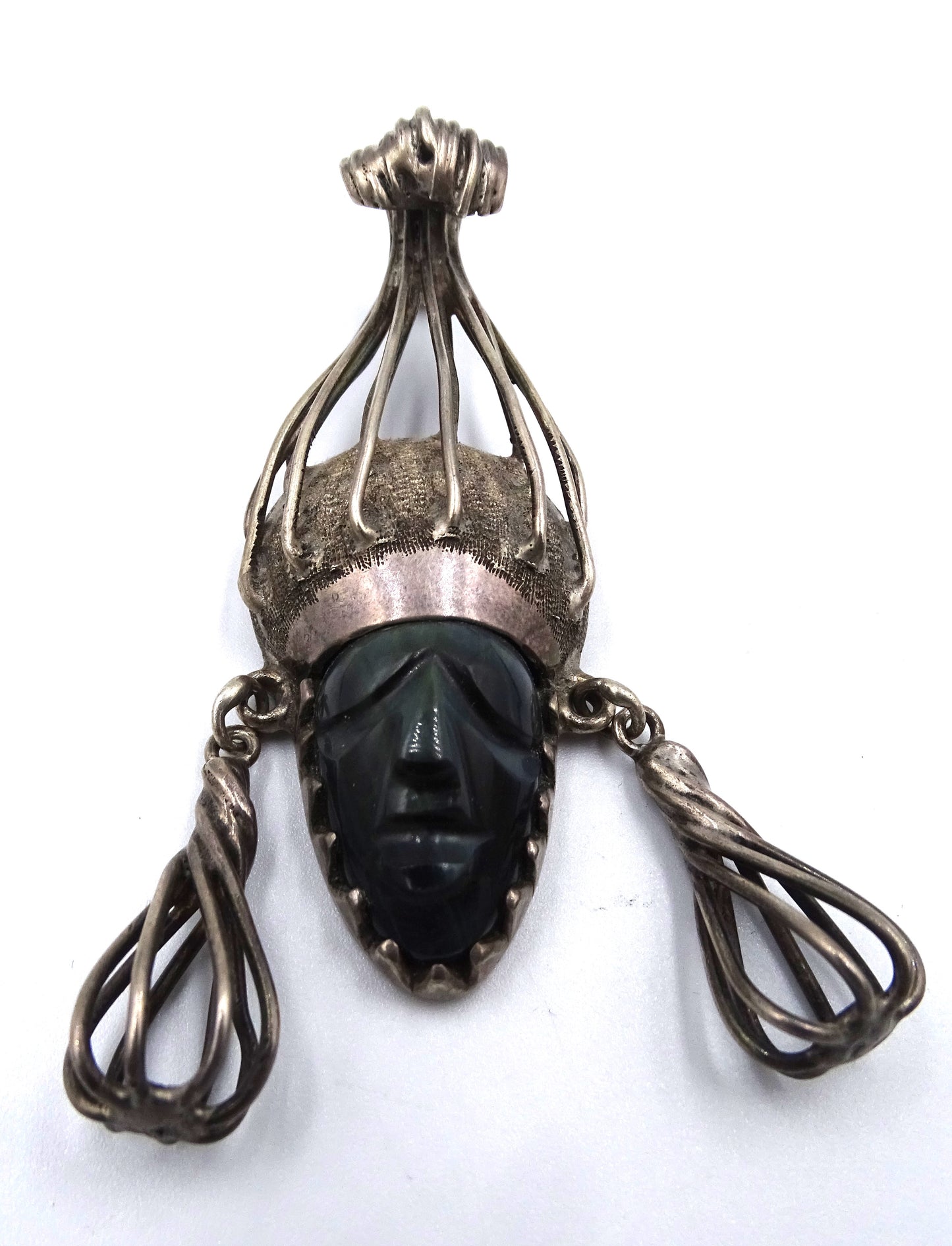 Vintage geschnitzter Obsidian Azteken Krieger Anhänger TAXCO 925 Silber