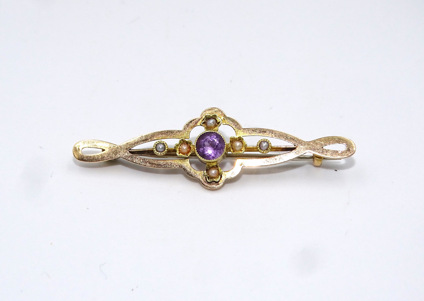 Antike Jugendstil  Gold Brosche mit Amethyst und Perlen