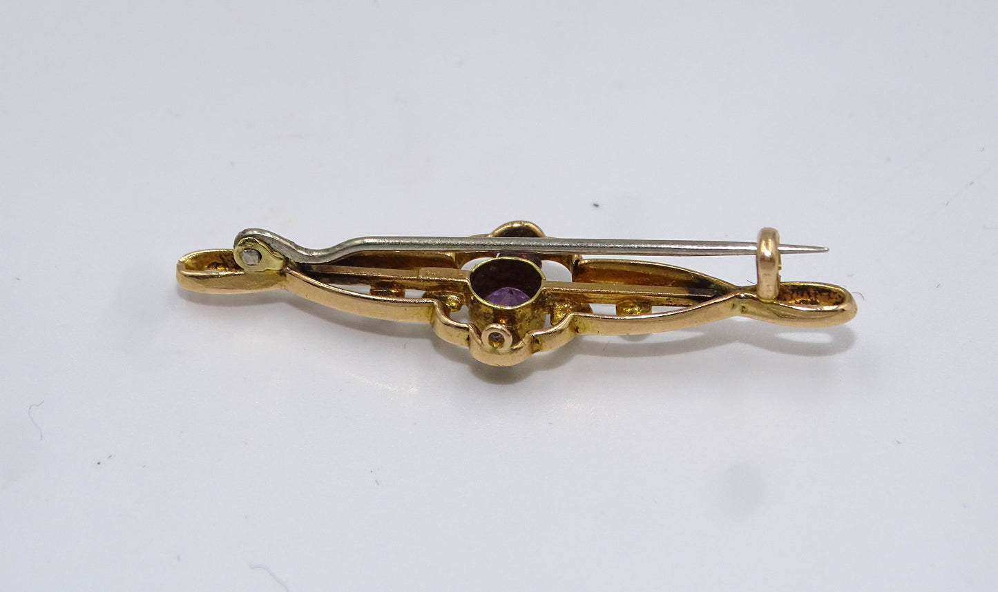 Antike Jugendstil  Gold Brosche mit Amethyst und Perlen