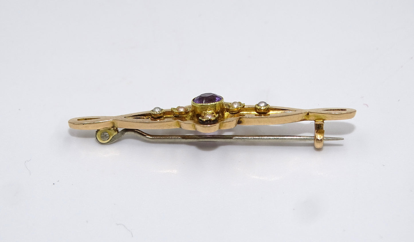 Antike Jugendstil  Gold Brosche mit Amethyst und Perlen