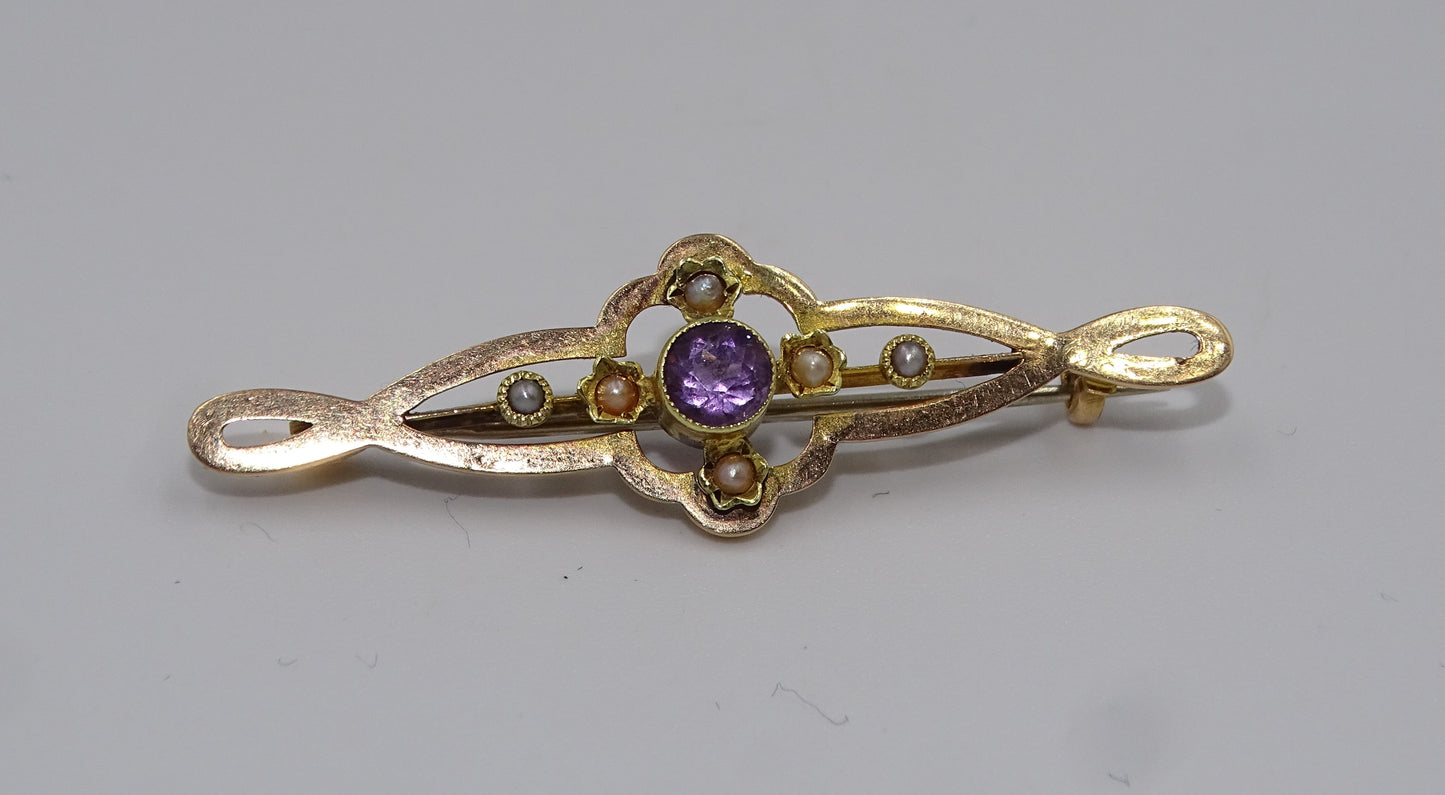 Antike Jugendstil  Gold Brosche mit Amethyst und Perlen