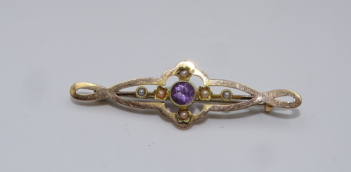 Antike Jugendstil  Gold Brosche mit Amethyst und Perlen