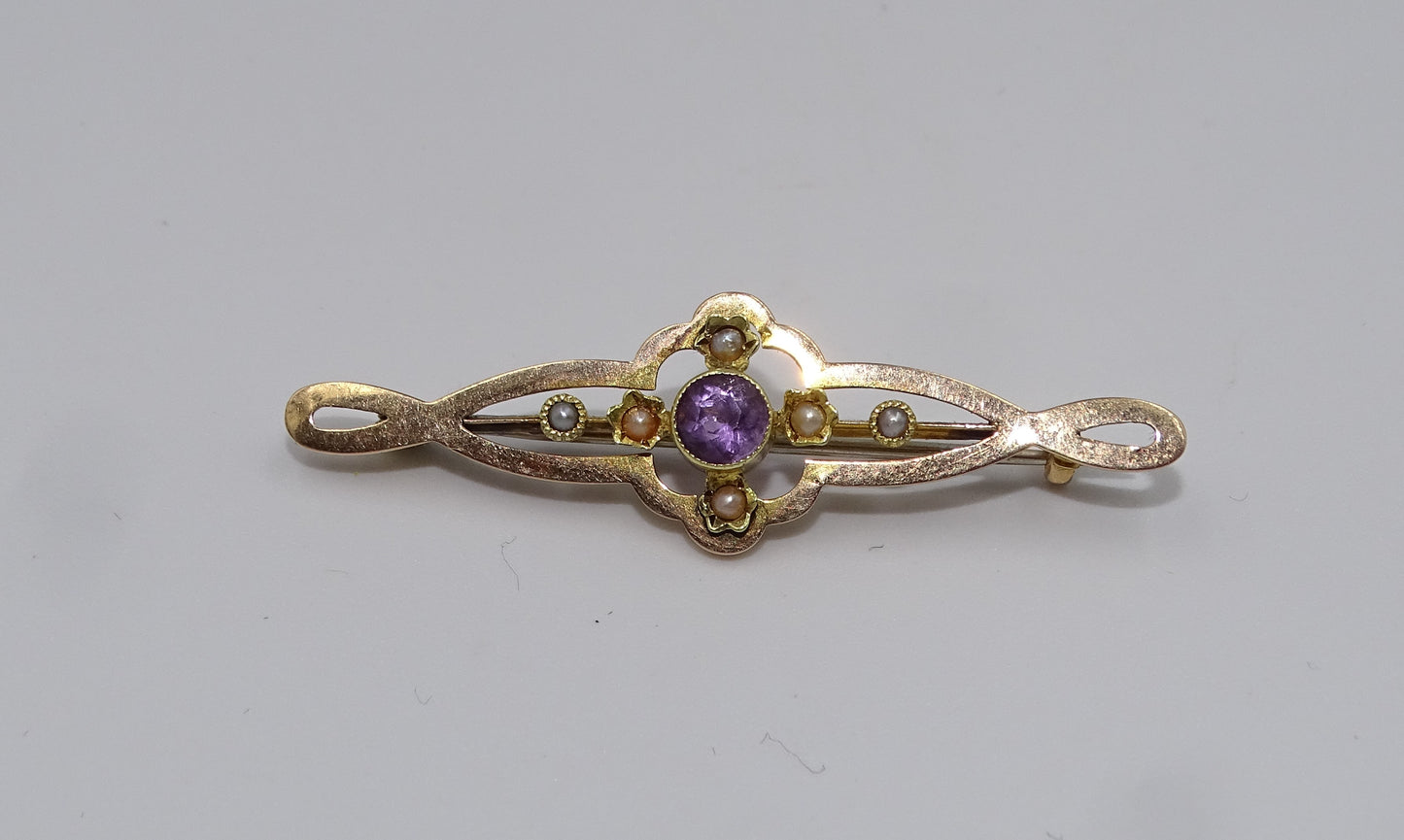 Antike Jugendstil  Gold Brosche mit Amethyst und Perlen