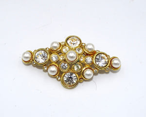 Vintage glänzend Goldfarben, Weiß, Strass, Perle, Schleife, Brosche.