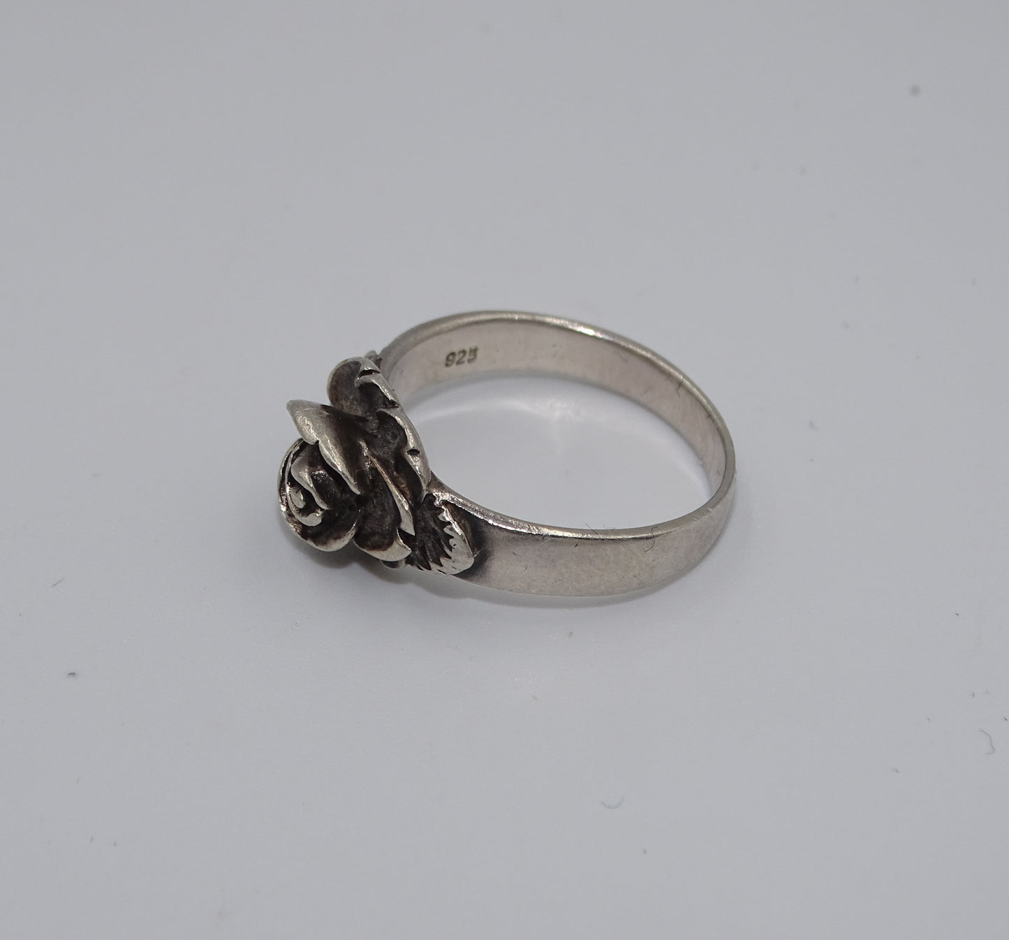 Sterling Silber Rose Blume und Blätter Ring - Vintage Oxidierter Ring