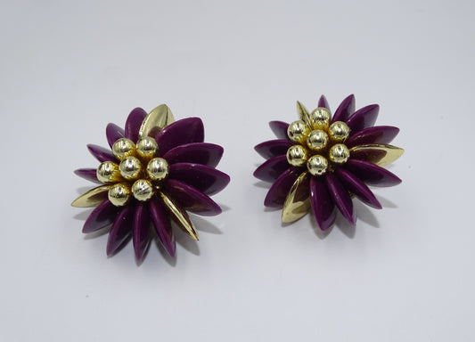 Vintage Clip-On Ohrringe - Lila Blume und Goldene Perle