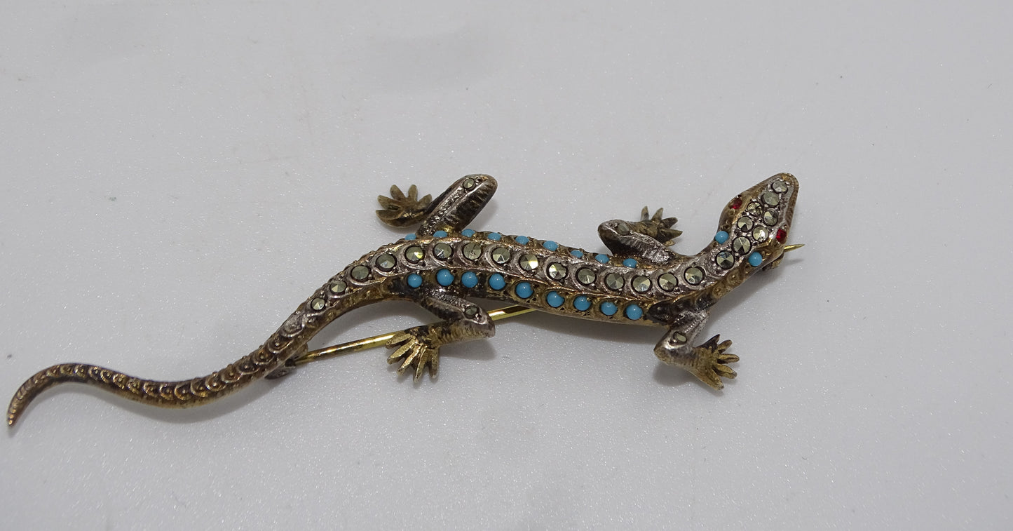 Art déco Brosche Eidechse Salamander mit Türkissteinen und Markasiten aus Silber 835