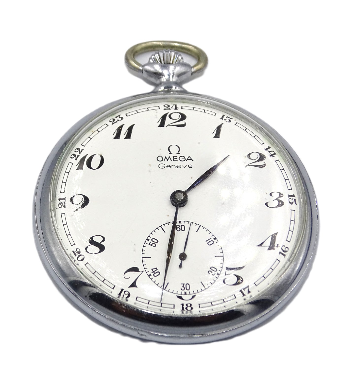 Omega 18 Linie Taschenuhr Cal 960, Baujahr 1973 - Druckknopflasche, 17 Juwelen