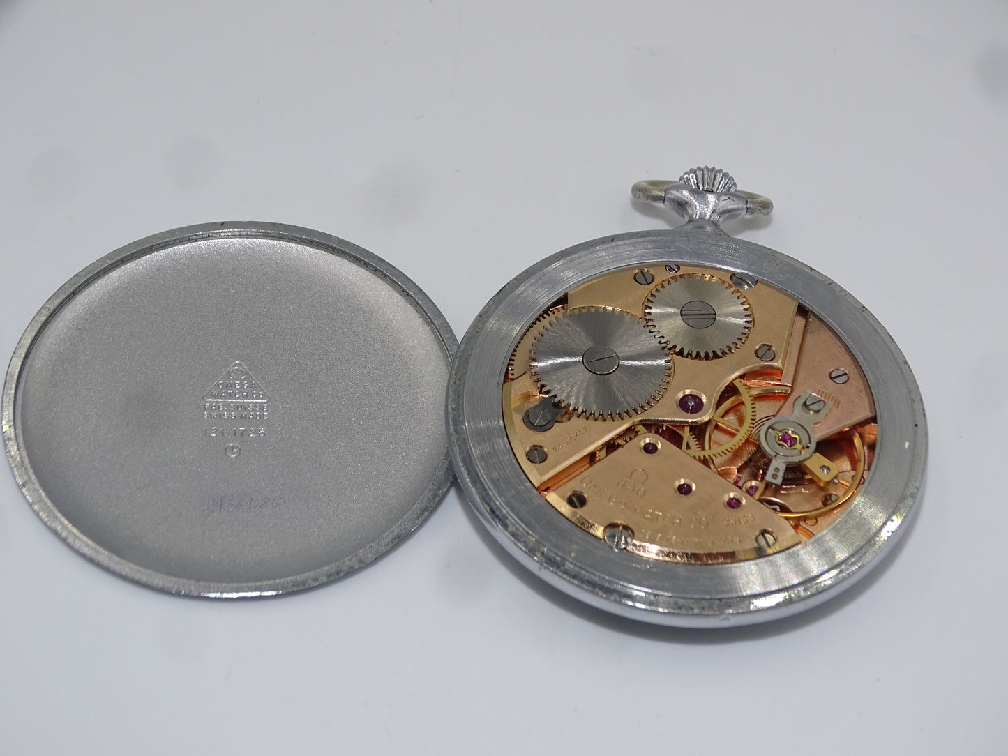 Omega 18 Linie Taschenuhr Cal 960, Baujahr 1973 - Druckknopflasche, 17 Juwelen