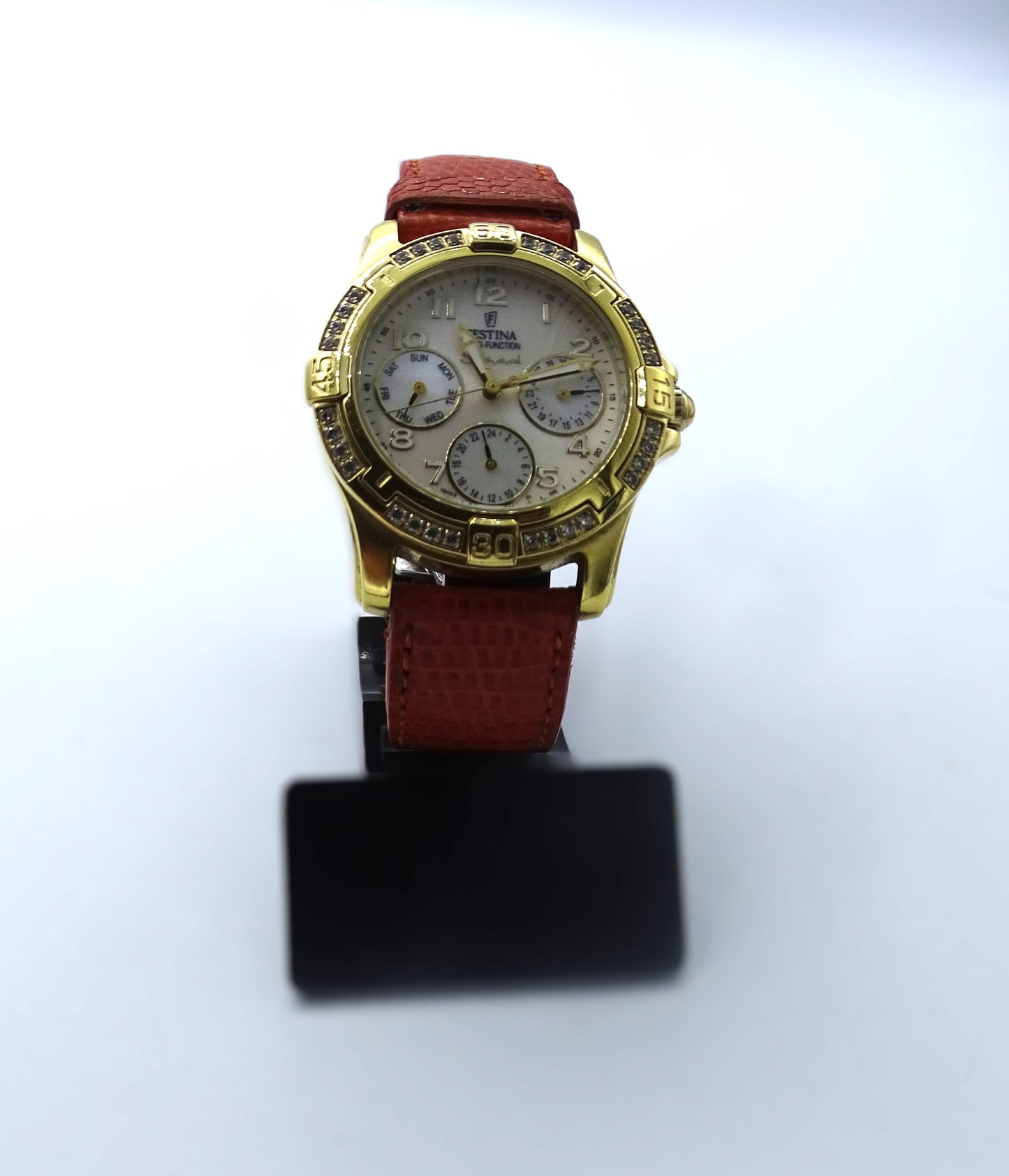 Festina Damenuhr 35mm Gold Plated Multifunktion Bling Leder