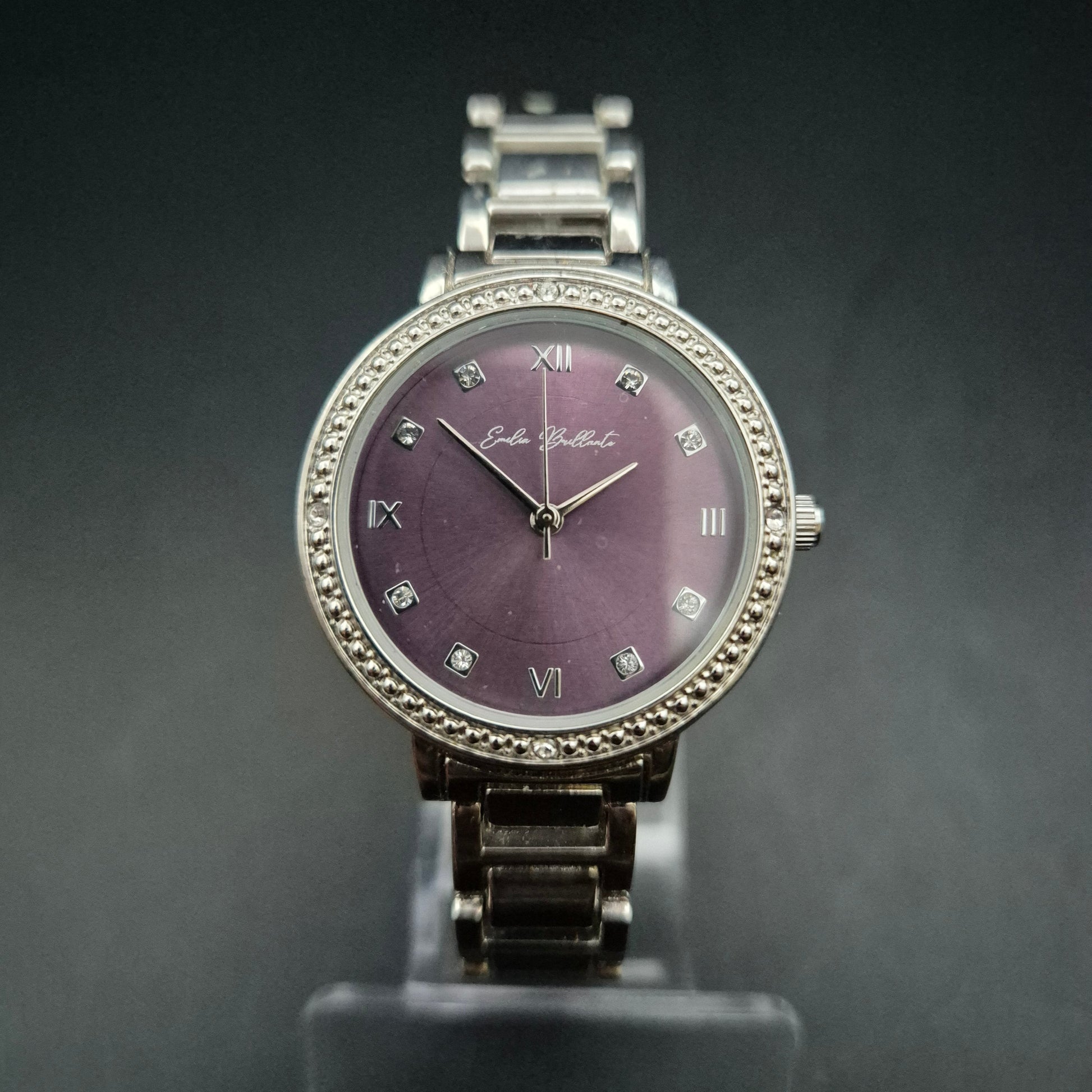 Emilia Brillante Damen-Armbanduhr | Lila Zifferblatt | Strass-Lünette & Metallarmband