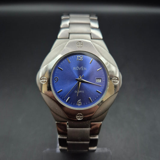 Roven Quartz Herrenuhr, blaues Zifferblatt – DEFEKT (Krone fehlt)