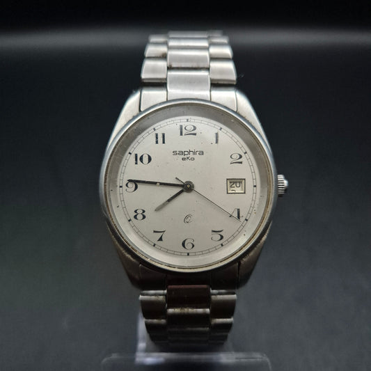 Vintage Saphira EKo Herrenuhr | Silberfarbenes Metallband | Datum