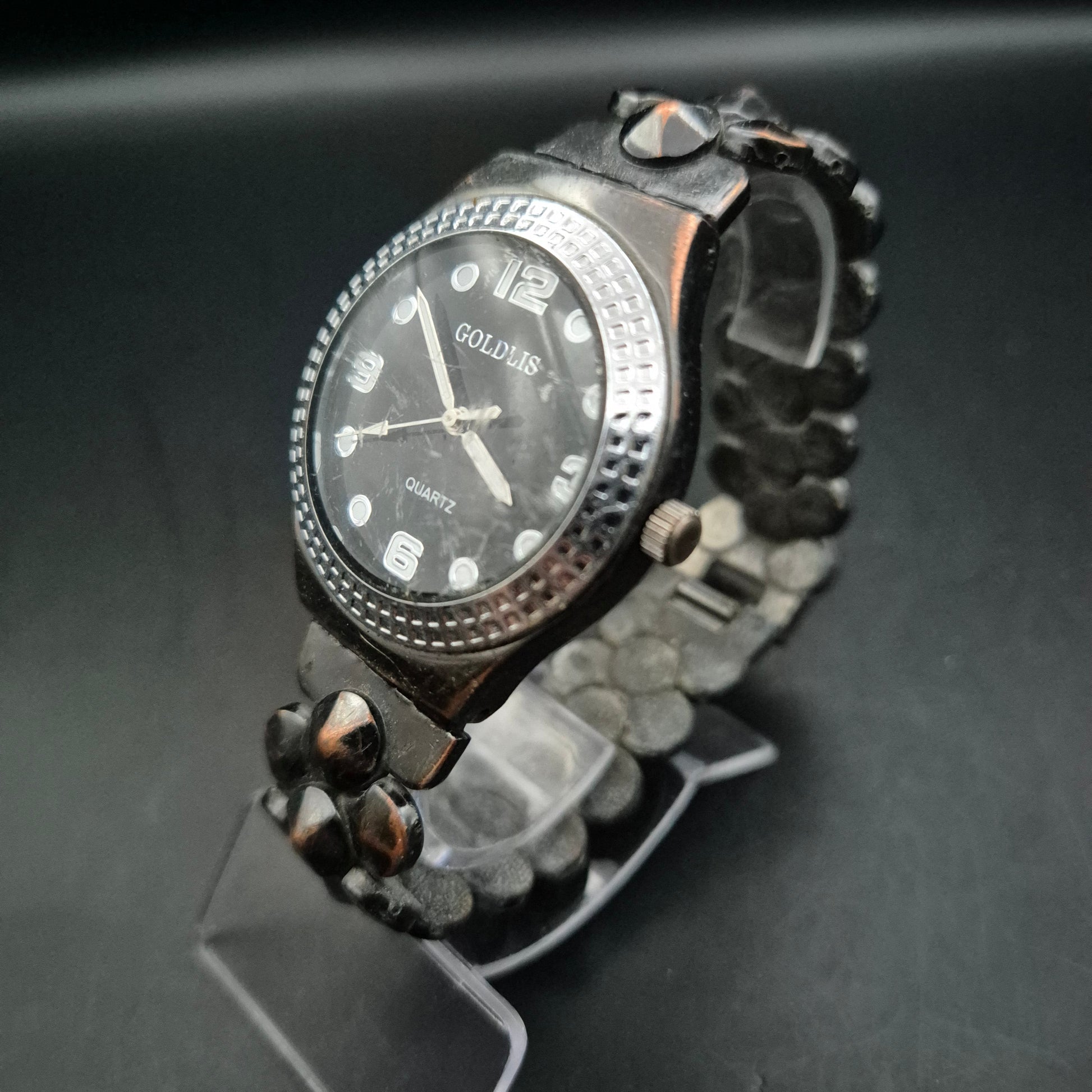 Dekorative Damen Quarzuhr GOLDLIS | Dunkles Metallband | Defektes Glas - Bild 3