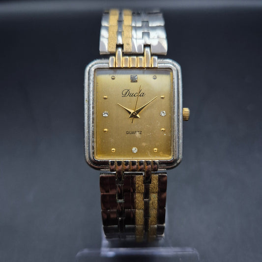 Ducfa Vintage Quarz-Uhr | Zwei-Ton | Rechteckiges Gold-Zifferblatt