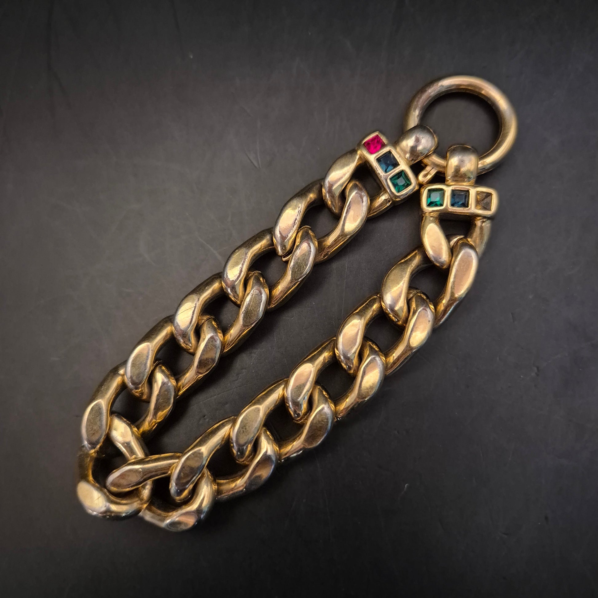 Vintage Goldfarbenes Panzerketten-Armband mit farbigen Strasssteinen - Bild 3