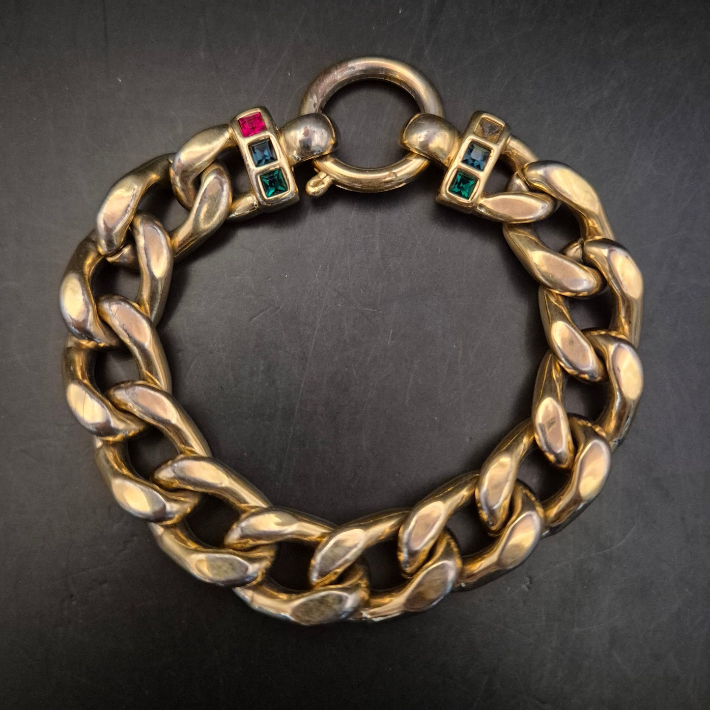 Vintage Goldfarbenes Panzerketten-Armband mit farbigen Strasssteinen - Bild 4