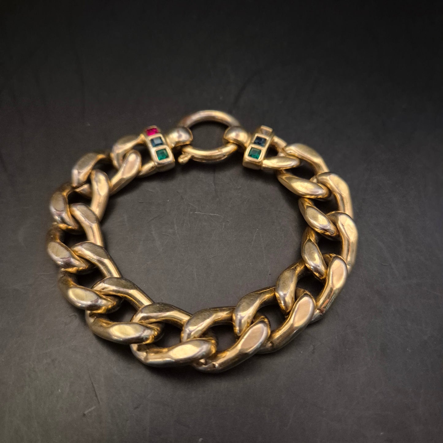 Vintage Goldfarbenes Panzerketten-Armband mit farbigen Strasssteinen - Bild 5