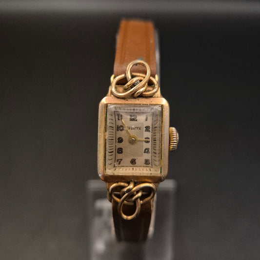 Elegante Vintage Damenuhr PROVITA mit Lederarmband, Goldfarben