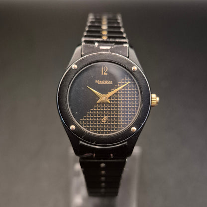 Vintage Maddox Armbanduhr – Schwarz-Gold mit Gittermuster