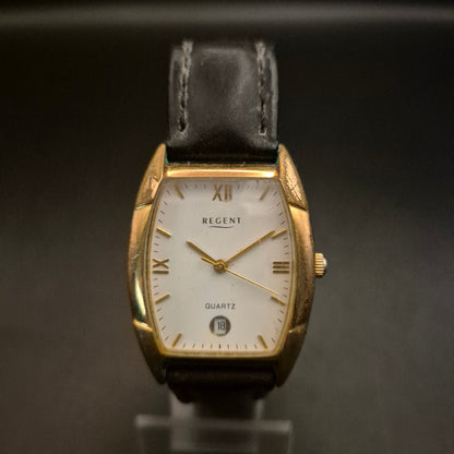 Vintage Regent Quartz Armbanduhr, Goldfarben, Datum, Lederband