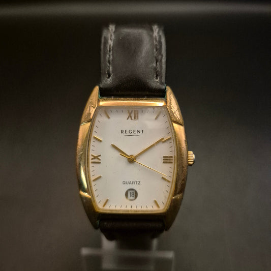 Vintage Regent Quartz Armbanduhr, Goldfarben, Datum, Lederband