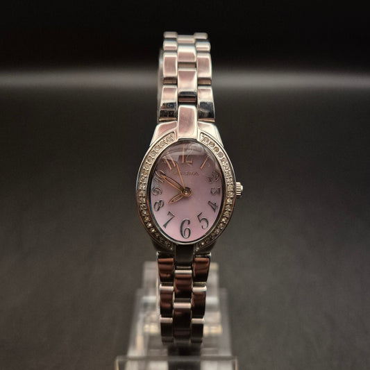 Elegante PRISMA Damenuhr mit Strass und rosafarbenem Zifferblatt