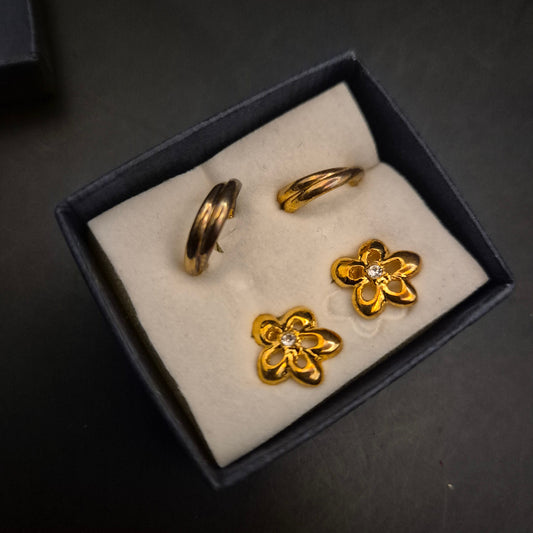Charmantes Vintage Ohrring-Set: Goldfarbene Creolen & Blütenstecker